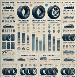 스노우 타이어 가격과 브랜드별 비교를 보여주는 인포그래픽. Michelin, Bridgestone, Hankook 등의 주요 브랜드와 가격대, 성능 비교.