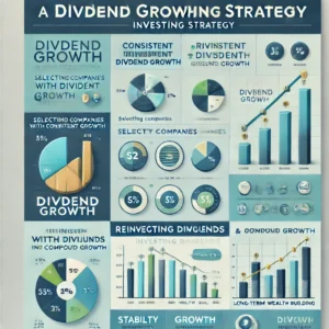 배당 성장 투자 전략을 시각적으로 설명하는 인포그래픽. 배당 성장, 꾸준한 배당 성장을 선택하는 방법, 배당금 재투자 전략을 다룬 섹션이 포함되어 있습니다.