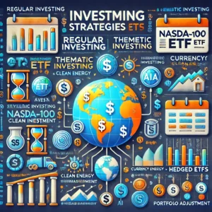 나스닥100 ETF 투자 전략을 보여주는 인포그래픽, 적립식 투자, 테마 투자, 환율 관리, 리밸런싱 아이콘 포함