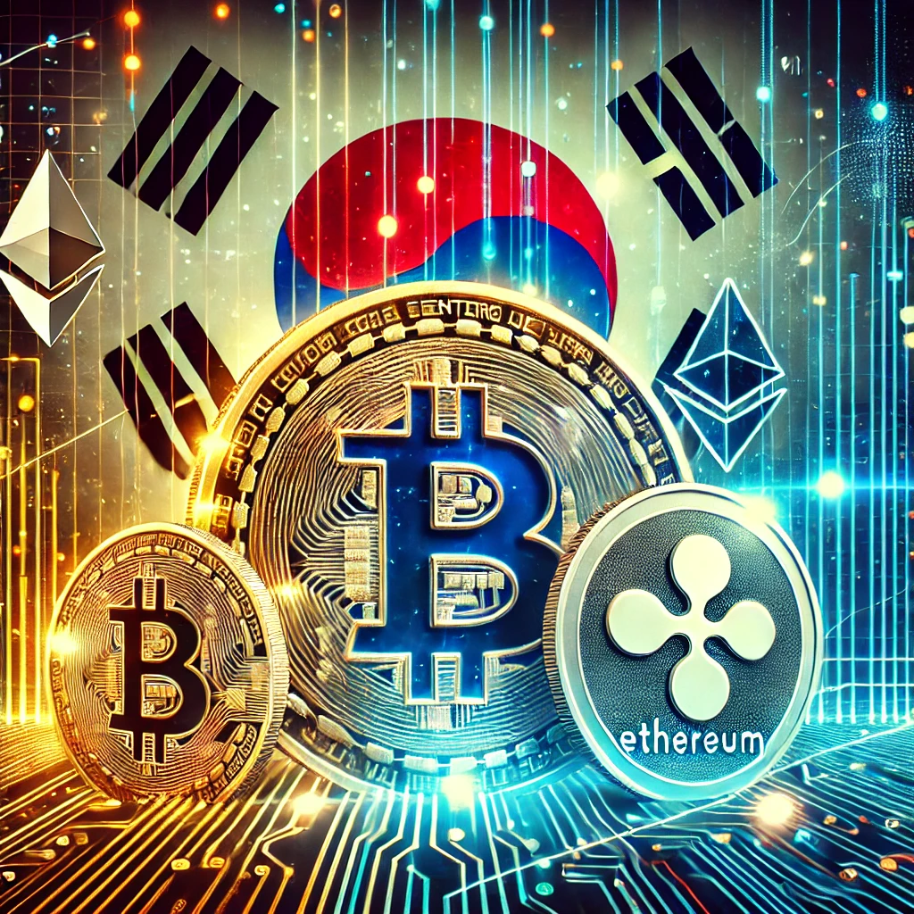 암호화폐와 한국을 상징하는 디지털 코인과 흐르는 데이터