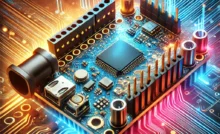 고화질 아두이노 나노(Arduino Nano) 보드 일러스트. 미래 지향적인 디자인과 빛나는 효과로 강조된 마이크로컨트롤러, 디지털 및 아날로그 핀, USB 연결부, 전원 입력 등 주요 특징을 시각적으로 강조.