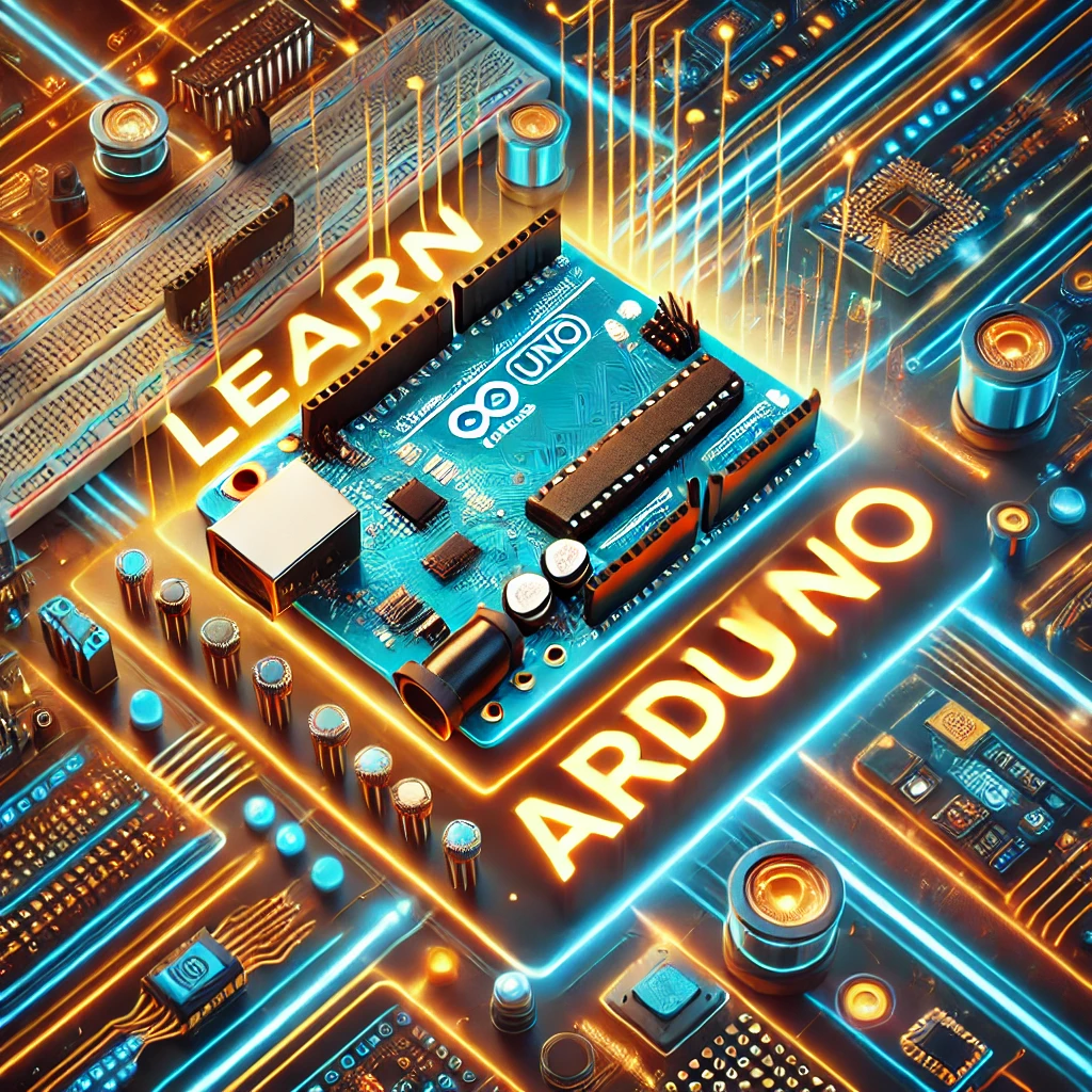 강렬한 네온 블루와 오렌지 조명 효과 속에서 빛나는 아두이노 보드와 전자 부품