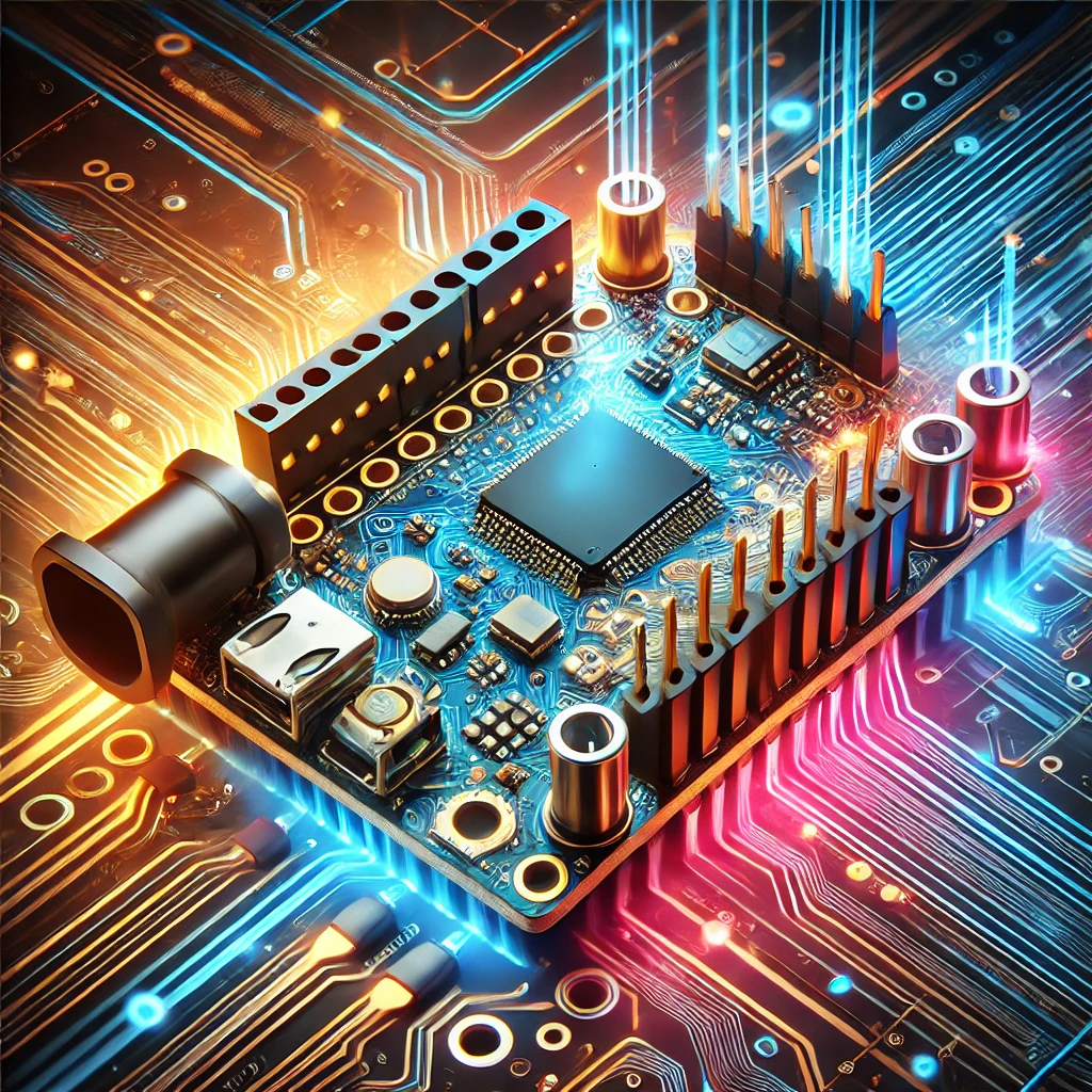 고화질 아두이노 나노(Arduino Nano) 보드 일러스트. 미래 지향적인 디자인과 빛나는 효과로 강조된 마이크로컨트롤러, 디지털 및 아날로그 핀, USB 연결부, 전원 입력 등 주요 특징을 시각적으로 강조.