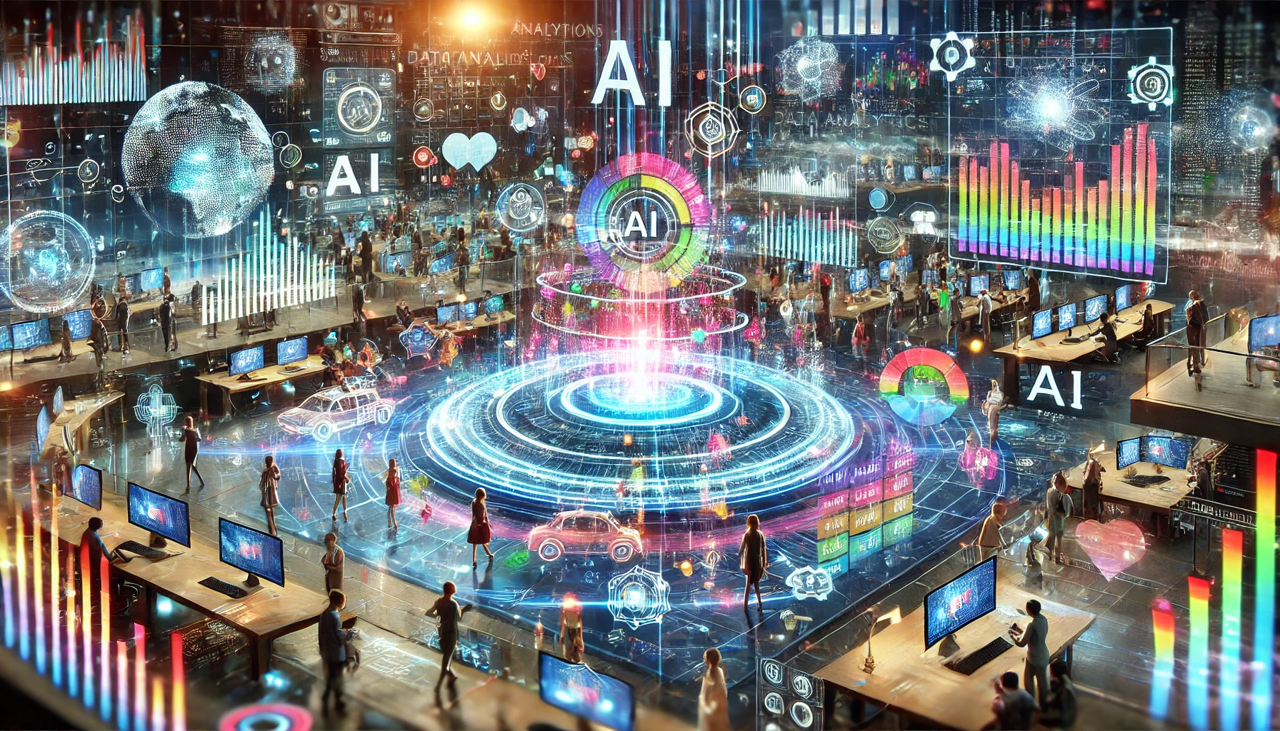 혁신적인 AI 기술과 다양한 산업 분야에 대한 데이터 흐름을 시각화한 이미지