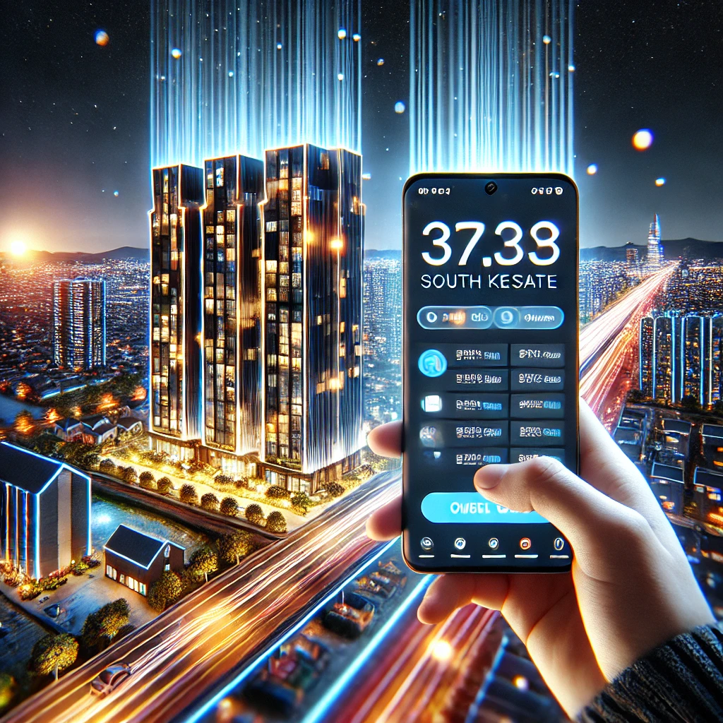 네이버 부동산 매물 검색에 대한 화려한 조명이 빛나는 한국의 고급 아파트 단지 야경과 네이버 부동산 앱 화면이 강조된 이미지.