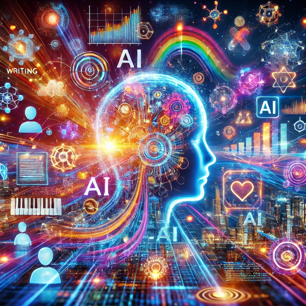 AI 기술의 다양한 분야에서의 활용을 상징하는 활기차고 미래지향적인 이미지, AI가 다양한 산업에서 발전하는 모습.