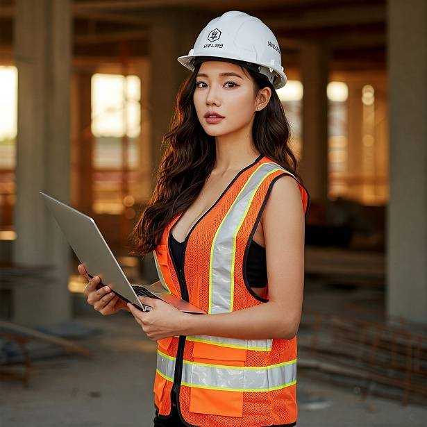 산업 보건 및 안전을 위해 현장에서 서류를 검토하는 아름다운 한국인 여성 건설 안전 관리자.