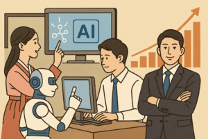 한복을 입은 여성과 한국인 직장인들이 로봇과 함께 AI 기술을 논의하는 장면