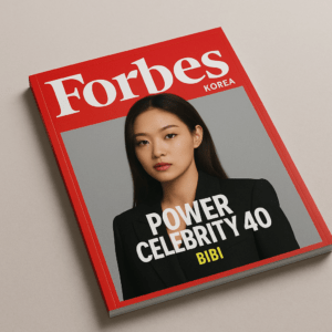 포브스 코리아 매거진 표지에 등장한 가수 BIBI와 Power Celebrity 40 로고