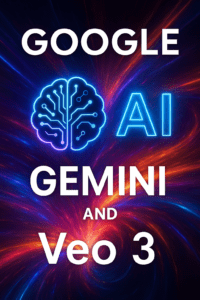 Google AI, Gemini, Veo 3를 강조한 화려한 네온 스타일의 디지털 아트워크