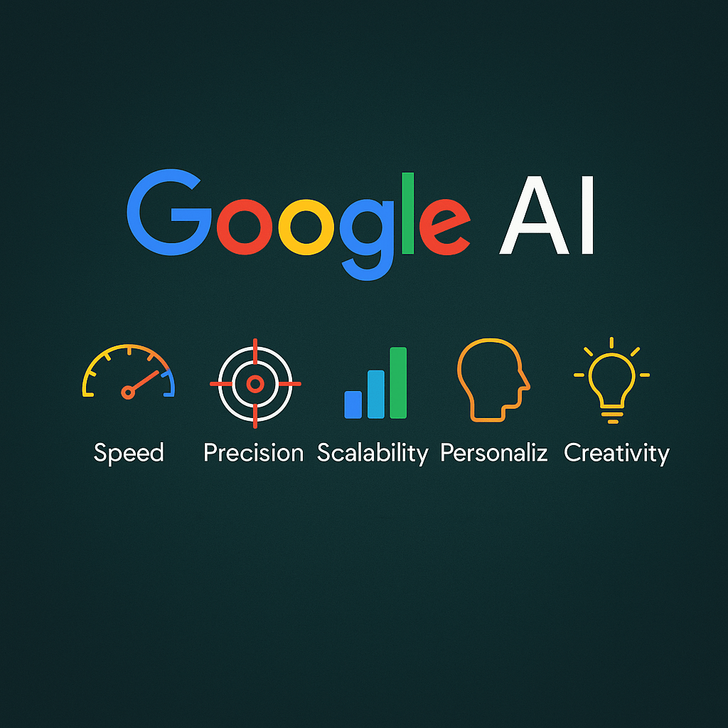 google AI 로고와 함께 속도, 정밀도, 확장성, 개인화, 창의성을 상징하는 아이콘이 나열된 세련된 그래픽 이미지