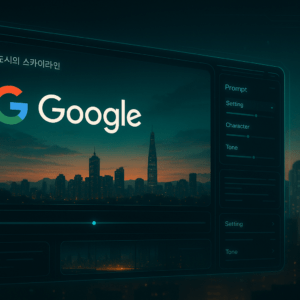 한국 도시의 야경을 배경으로 한 Google Flow 영상 편집 인터페이스 이미지.