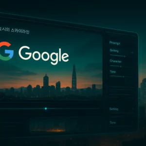 한국 도시의 야경을 배경으로 한 Google Flow 영상 편집 인터페이스 이미지.
