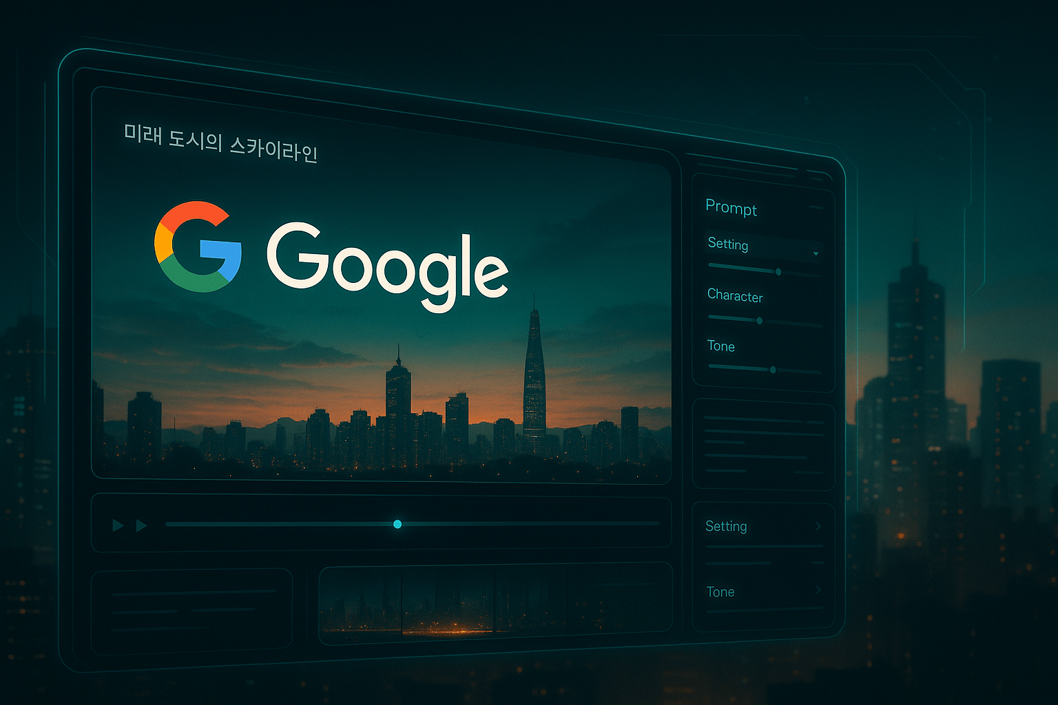 한국 도시의 야경을 배경으로 한 Google Flow 영상 편집 인터페이스 이미지.