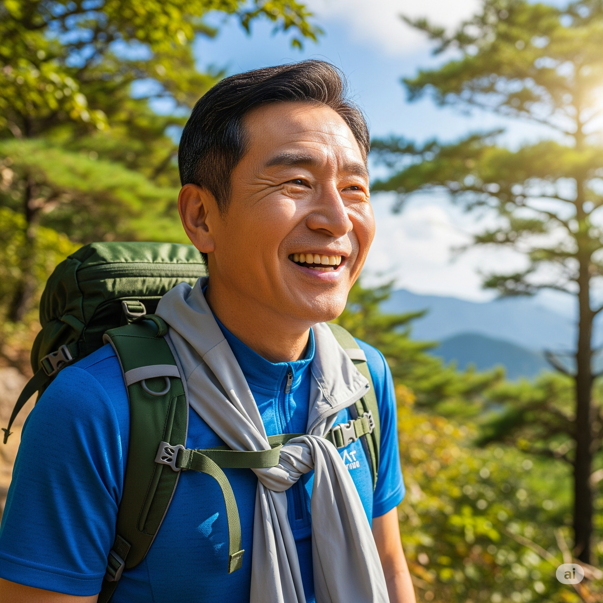 화창한 날, 푸른 숲길을 등산하며 건강하고 활기차게 웃고 있는 50대 한국인 남성의 모습입니다. 그의 역동적인 자세와 밝은 표정은 건강을 되찾은 후의 만족감을 상징합니다.