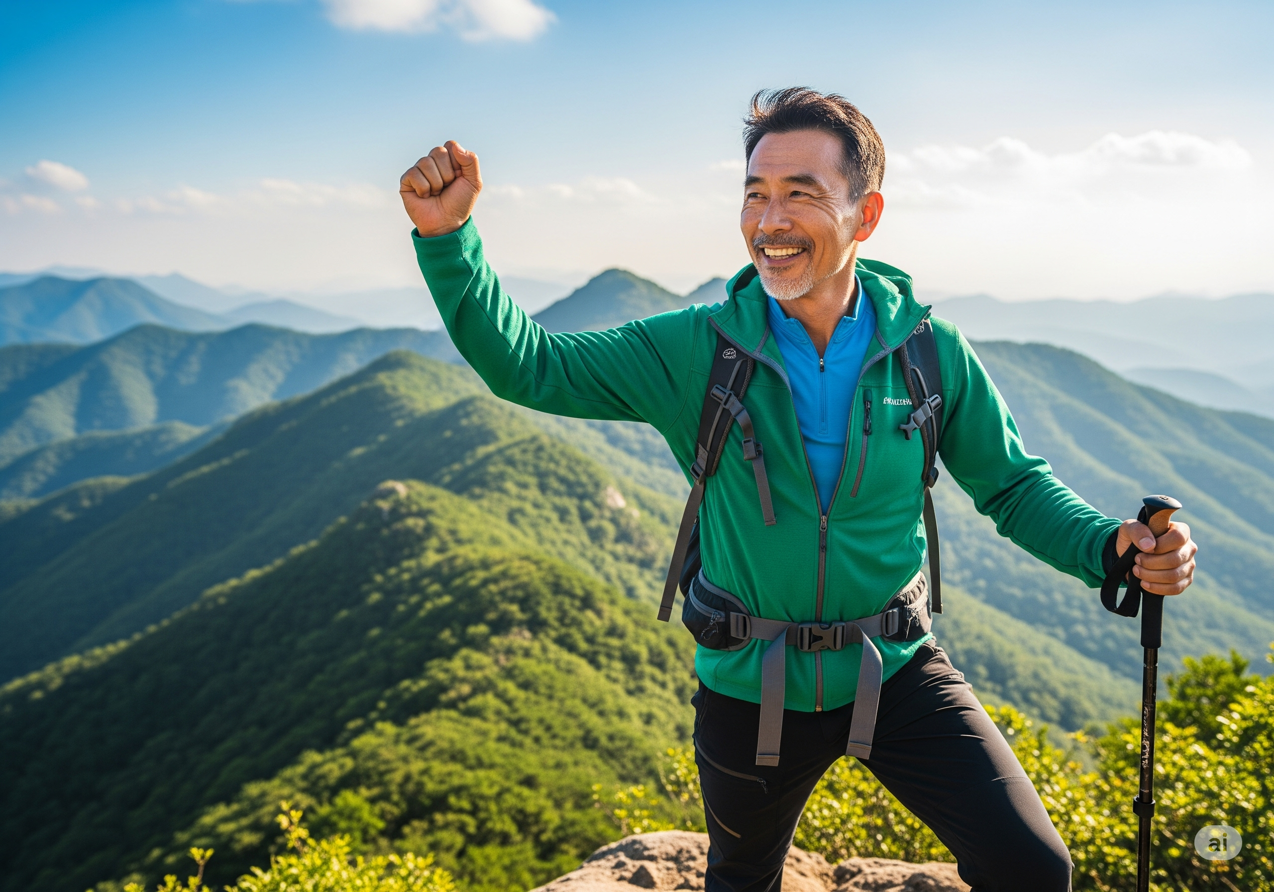 50대 남성이 등산을 하며 정상에서 활기차게 웃고 있는 모습으로, 전립선 영양제를 통한 꾸준한 건강 관리로 되찾은 활력을 상징함.