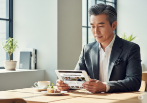 50대 남성 전립선 영양제, 카페에 앉아 태블릿 PC로 전립선 건강 영양제 정보를 신중하게 알아보고 있는 모습.