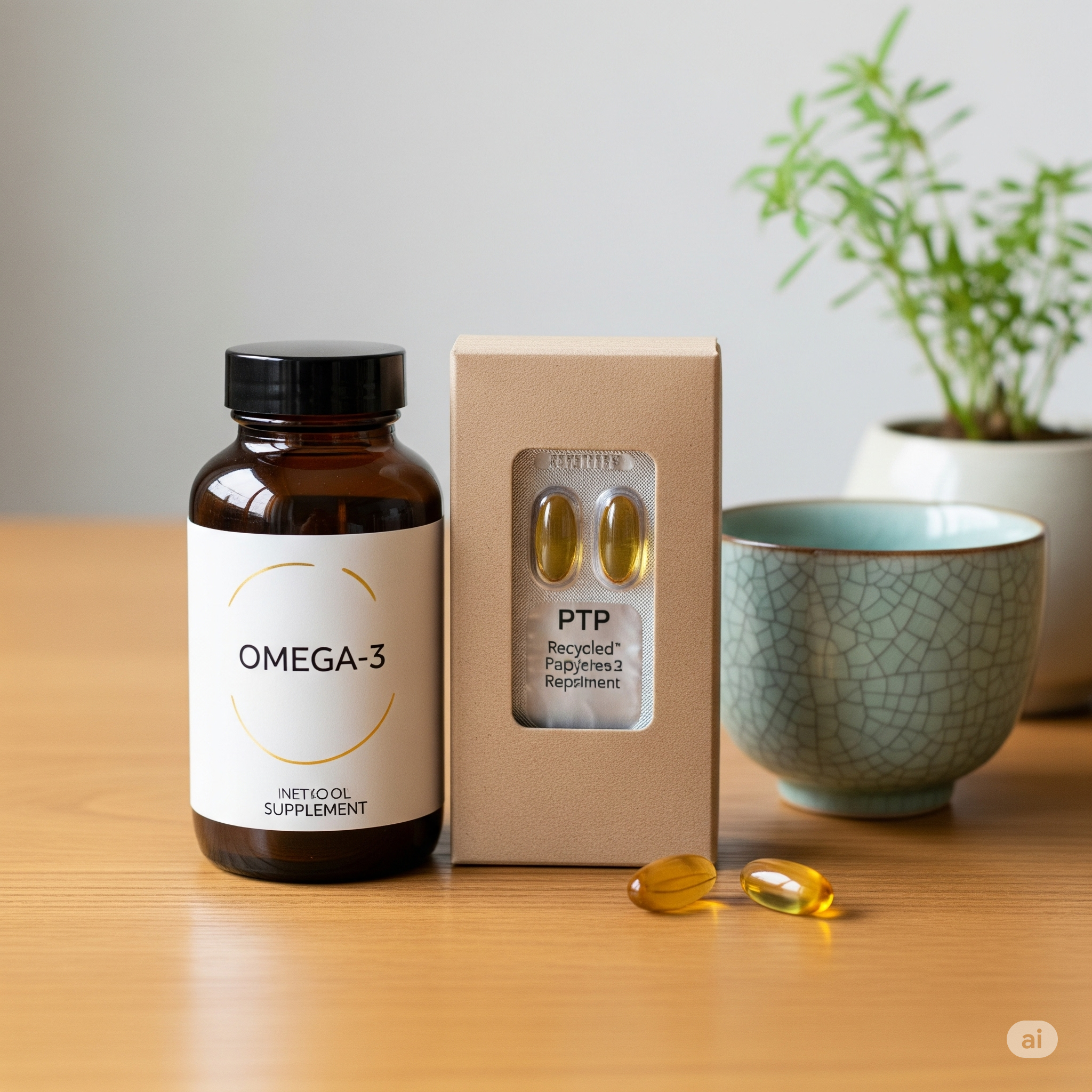 고급스러운 오메가3 영양제 제품과 PTP 포장, 그리고 그 옆에 놓인 한국 전통 찻잔과 식물.