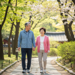 따스한 햇살 아래 한국 공원에서 손을 잡고 활기차게 산책하는 건강한 노부부의 뒷모습 그리고 부모님 혈행 개선에 대한 이야기의 시