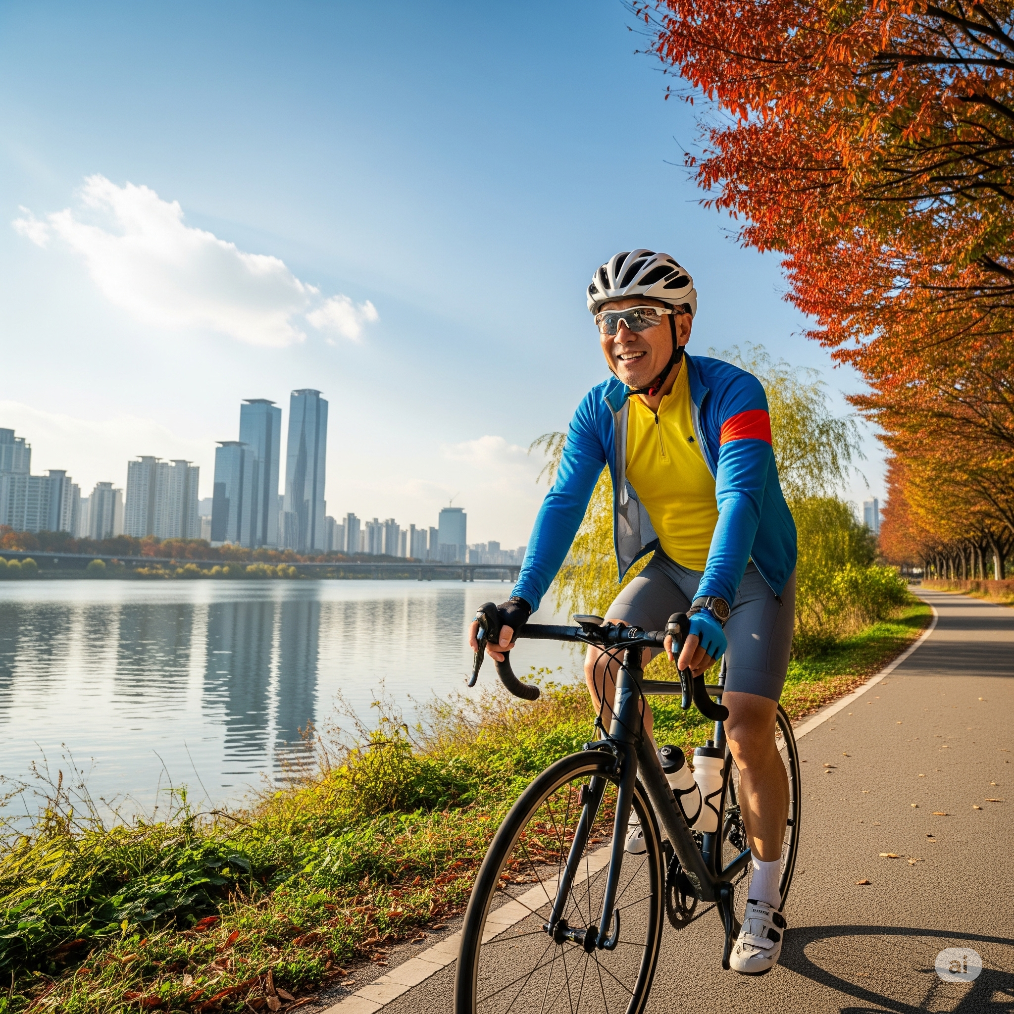 영양제 섭취 후 활력을 되찾아 가을날 강변에서 자전거를 타며 웃는 50대 남성