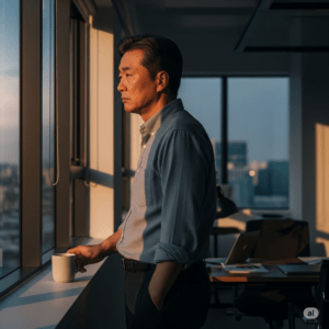 50대 남성 활력 저하,사무실 창가에서 활력 저하로 고뇌하는 50대 남성의 옆모습
