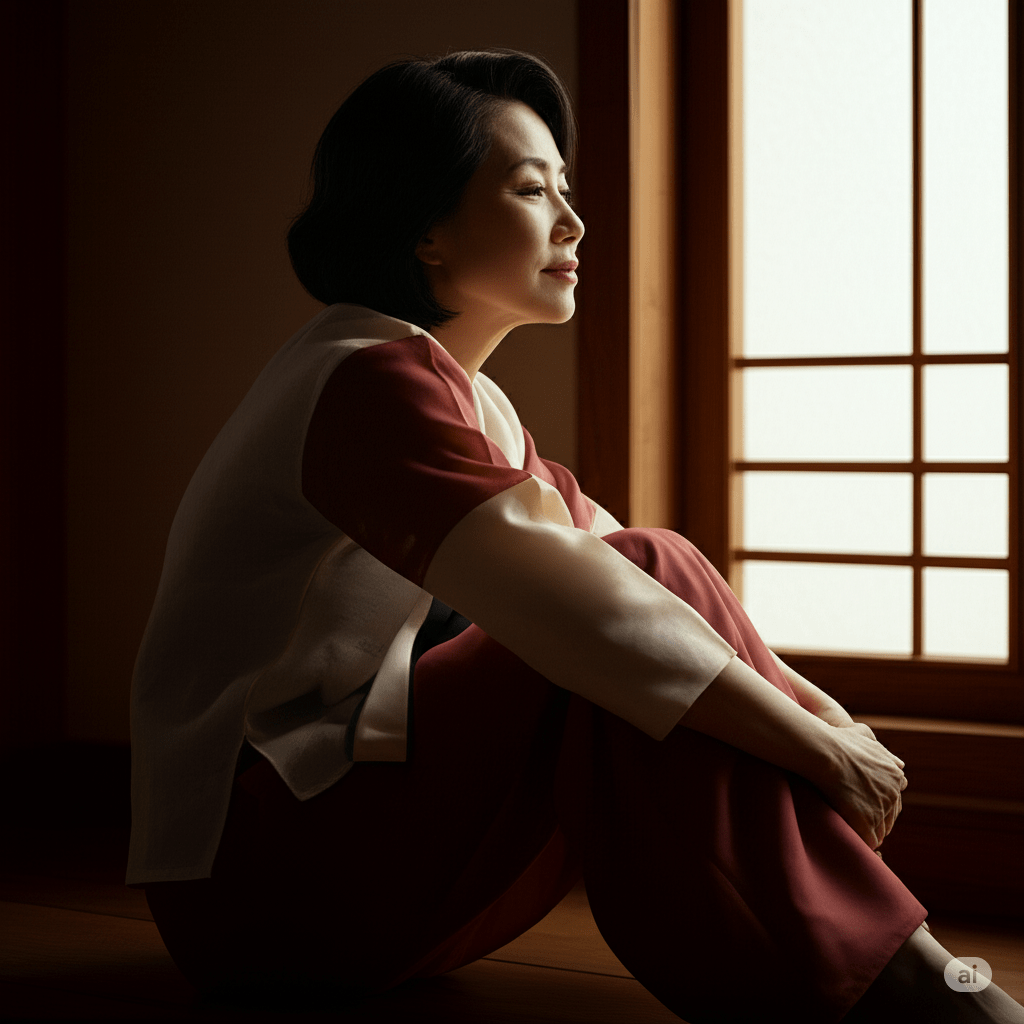 깊은 밤, 홀로 깨어 고뇌하는 갱년기 여성 (한국적인 분위기)