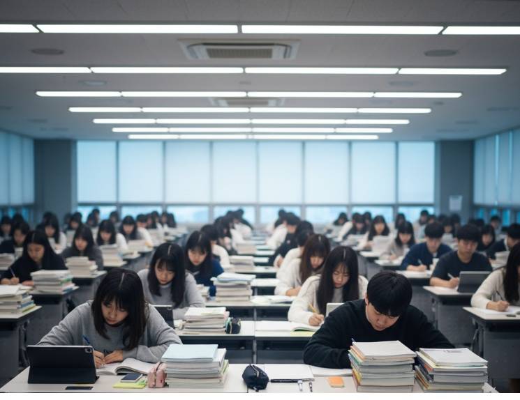 대치동 재수종합학원 강의실에서 많은 학생들이 각자의 책상에 앉아 교재를 쌓아두고 공부하는 모습. 앞쪽 책상에는 '시대인재 N관'이라고 적힌 배너가 놓여 있다.