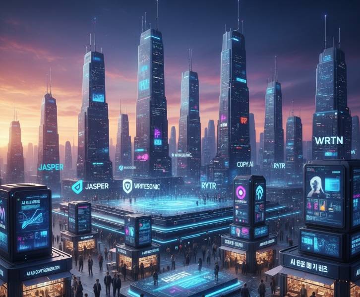 최고의 AI 카피라이팅 툴 시장을 상징하는 미래 도시 풍경