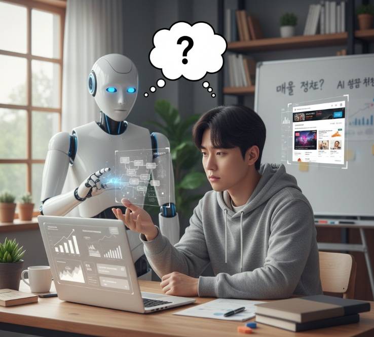 카페24 매출,AI 상품 추천 솔루션: 노트북 앞에서 통계 그래프와 쇼핑몰 화면을 보며 고민하는 젊은 남성 쇼핑몰 CEO, 뒤로 AI 로봇이 아이디어를 제안하는 듯한 모습