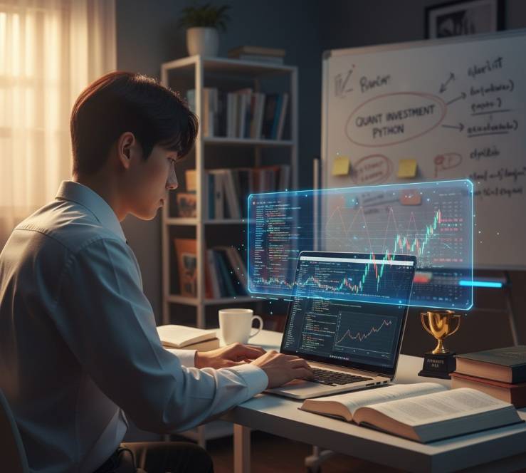파이썬 AI 주가 예측 모델을 제작하기 위하여 늦은 밤 서재에서 노트북으로 주식 차트와 파이썬 코드를 분석하며 '퀀트 투자 파이썬'이라고 쓰인 화이트보드를 응시하는 청년.