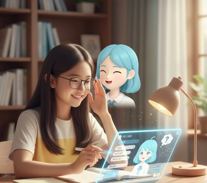 AI 튜터 만들기를 통해 함께 공부하는 즐거워하는 여학생