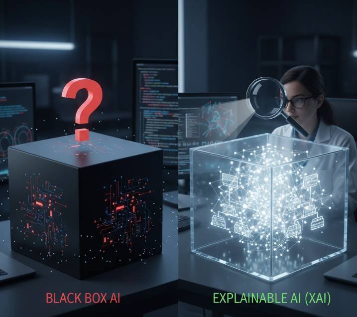 SHAP vs LIME,비교 분석: 어두운 사무실 환경에서 'BLACK BOX AI'라고 적힌 불투명한 검은색 상자 위에 빨간색 물음표가 있고, 그 옆에는 'EXPLAINABLE AI (XAI)'라고 적힌 투명한 상자 안에 복잡한 데이터 네트워크가 빛나고 있다. 한 데이터 과학자가 돋보기로 투명한 상자를 들여다보고 있다.