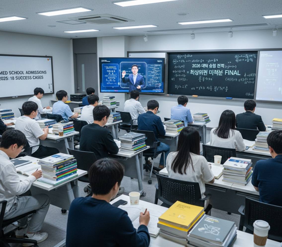 대치동 고3 이과 최상위권 종합반 강의실에서 학생들이 책상 가득 쌓인 교재와 문제집 앞에서 수업을 듣고 있다. 칠판에는 '2026 대입 성공 전략', '최상위권 FINAL' 등의 글씨가 쓰여 있고, 화면에는 강사의 모습이 보인다.