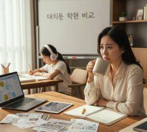 학원 전단지를 펼쳐놓고 고민에 잠긴 학부모, 뒤에서는 자녀가 헤드셋을 끼고 공부하고 있다.