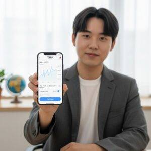 한 남성이 토스 앱으로 애플 주식 구매 화면을 보여주는 스마트폰을 들고 있는 모습. 화면에는 '애플 (AAPL)' 종목명과 주가 차트, '얼마만큼 살까요?'라는 질문과 '10,000원'이 입력된 구매 화면이 명확하게 보인다.