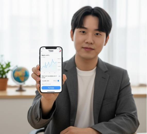 한 남성이 토스 앱으로 애플 주식 구매 화면을 보여주는 스마트폰을 들고 있는 모습. 화면에는 '애플 (AAPL)' 종목명과 주가 차트, '얼마만큼 살까요?'라는 질문과 '10,000원'이 입력된 구매 화면이 명확하게 보인다.