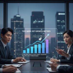 세 명의 비즈니스맨이 현대적인 회의실에서 홀로그램 형태로 나타나는 토스뱅크의 성장 지표 그래프를 응시하고 있다. 그래프에는 '누적 가입자 1,200만 명 돌파 (2025년)'와 '2024년 연간 당기순이익 457억 원 달성 (흑자 전환)'이라는 문구가 적혀 있으며, 막대 그래프는 급격한 상승세를 보여주고 있다.