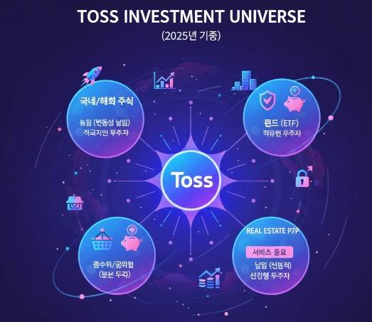 토스 투자 상 유니버스 개념도. 토스 로고를 중심으로 Domestic/Overseas Stocks, Fund (ETF), Bonds, Real Estate P2P (Service Ended) 아이콘 행성들이 떠다니는 모습.