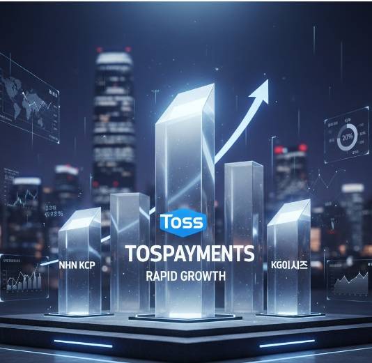 밤하늘을 배경으로 한 도시의 스카이라인 앞에 투명한 유리 기둥 형태의 막대그래프가 서 있다. 가장 높은 기둥에는 '토스페이먼츠'라는 글자와 토스 로고, 그리고 '가파른 성장세'라는 문구가 새겨져 있고, 그보다 낮은 기둥들에는 'NHN KCP'와 'KG이니시즈'라는 글자가 각각 쓰여 있다. 전체적으로 푸른색 빛을 띠며 기술적이고 미래지향적인 분위기를 연출하고 있다.