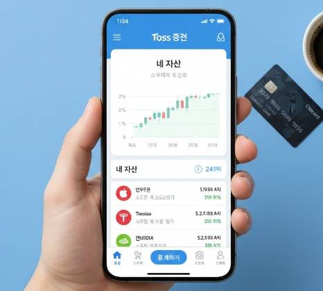 2025년 9월 최신 정보와 함께 토스 증권 모바일 앱 화면을 한 손에 들고 있는 모습. 화면에는 '내 자산' 그래프와 주요 해외 주식 종목들이 깔끔하게 표시되어 있으며, 옆에는 신용카드와 커피 한 잔이 놓여 있다.