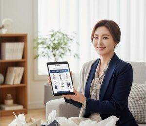  40대 후반의 우아한 여성이 거실 소파에 앉아 태블릿으로 하프클럽 쇼핑몰 화면을 보여주며 환하게 웃고 있다. 주변에는 고급스러운 쇼핑백들이 놓여 있다.