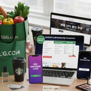 노트북 화면에 SSG Universe Club, Naver Plus, Coupang Wow 멤버십 비교표가 표시되어 있고, 주변에 SSG.COM 쇼핑백과 스마트폰 등이 놓여 있음.