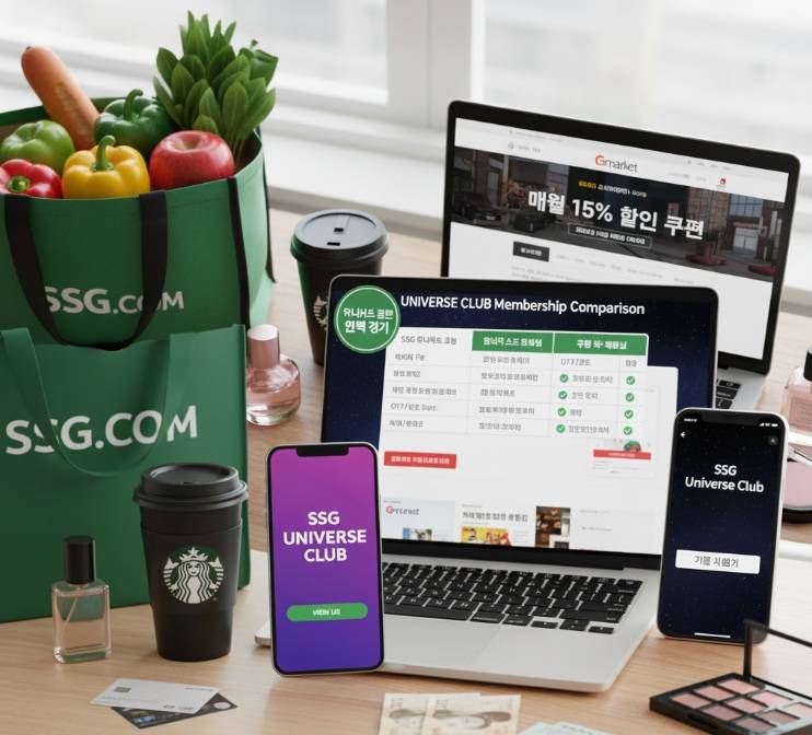 노트북 화면에 SSG Universe Club, Naver Plus, Coupang Wow 멤버십 비교표가 표시되어 있고, 주변에 SSG.COM 쇼핑백과 스마트폰 등이 놓여 있음.