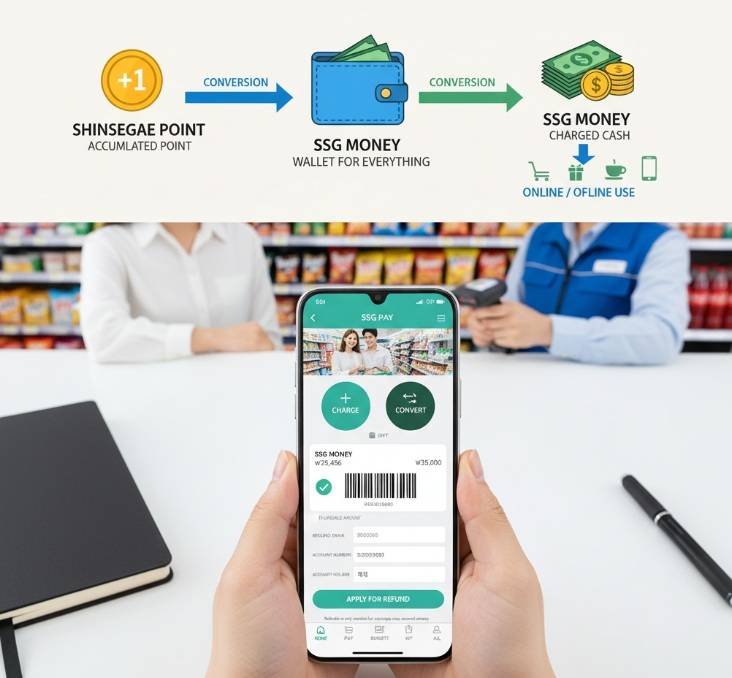 신세계포인트, SSG 머니, SSG페이의 관계를 설명하는 다이어그램. 신세계포인트는 '적립 포인트'로 금색 코인 이미지, SSG 머니는 '충전해서 쓰는 현금'으로 지폐와 동전 이미지, SSG페이는 '이 모든 것을 담는 지갑'으로 파란색 지갑 이미지로 표현되어 있다. 신세계포인트에서 SSG페이를 통해 SSG 머니로 '전환'되고, SSG 머니는 SSG페이를 통해 '온/오프라인 사용'되는 흐름이 화살표로 연결되어 있다.