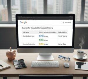 사무실 책상 위 모니터에 'Gemini for Google Workspace Pricing'이라는 제목과 함께 Gemini Business, Enterprise 플랜별 가격($20, $30/user)이 표로 정리되어 있다. 옆에는 저금통, 계산기, 커피잔이 놓여 있다.