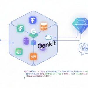스마트폰 앱에서 Genkit 로고가 있는 육각형 블록으로 화살표가 연결되고, 이 블록이 Gemini AI, RAG 데이터베이스, Firebase Functions, 그리고 API 아이콘들과 연결되는 다이어그램. 하단에는 'Firebase Genkit: Assemble Your AI, Your Way.'라는 문구가 있다.