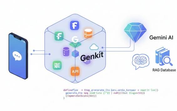 스마트폰 앱에서 Genkit 로고가 있는 육각형 블록으로 화살표가 연결되고, 이 블록이 Gemini AI, RAG 데이터베이스, Firebase Functions, 그리고 API 아이콘들과 연결되는 다이어그램. 하단에는 'Firebase Genkit: Assemble Your AI, Your Way.'라는 문구가 있다.