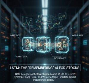 LSTM 모델의 내부 구조를 추상적으로 표현한 이미지로, Input, Forget, Output Gate가 데이터 흐름과 주식 차트 위에 시각화되어 있다.