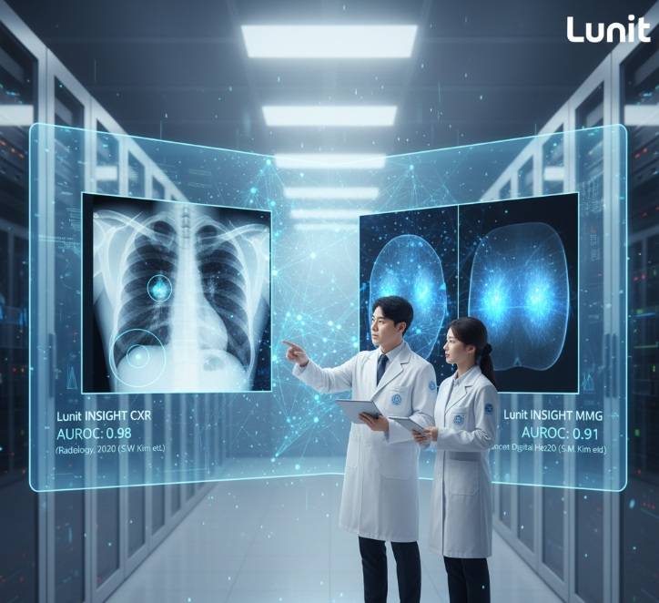 의료 AI 솔루션: 루닛 인사이트 CXR(흉부 X-ray)과 루닛 인사이트 MMG(유방촬영술)의 성능 지표가 표시된 의료 AI 인터페이스 앞에서 두 명의 의료진이 태블릿을 들고 토론하고 있는 모습. 배경에는 서버 랙이 줄지어 서 있어 데이터 처리 환경을 암시한다. 각 화면에는 질환 검출 영역이 강조된 흉부 및 유방 영상과 함께 AUROC 수치 및 학술 논문 정보가 명시되어 있다.