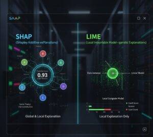 SHAP과 LIME 라이브러리의 작동 원리를 시각적으로 비교하는 인포그래픽. SHAP 섹션에는 중앙의 예측 점수(0.93)를 중심으로 여러 특성(Feature A, B, D, E)들이 게임 이론 기반의 기여도를 보여주며 전역적/지역적 설명을 강조한다. LIME 섹션은 특정 데이터 인스턴스(초록색 원) 주변에서 선형 모델을 학습하여 지역적 설명을 제공하는 과정을 보여준다.
